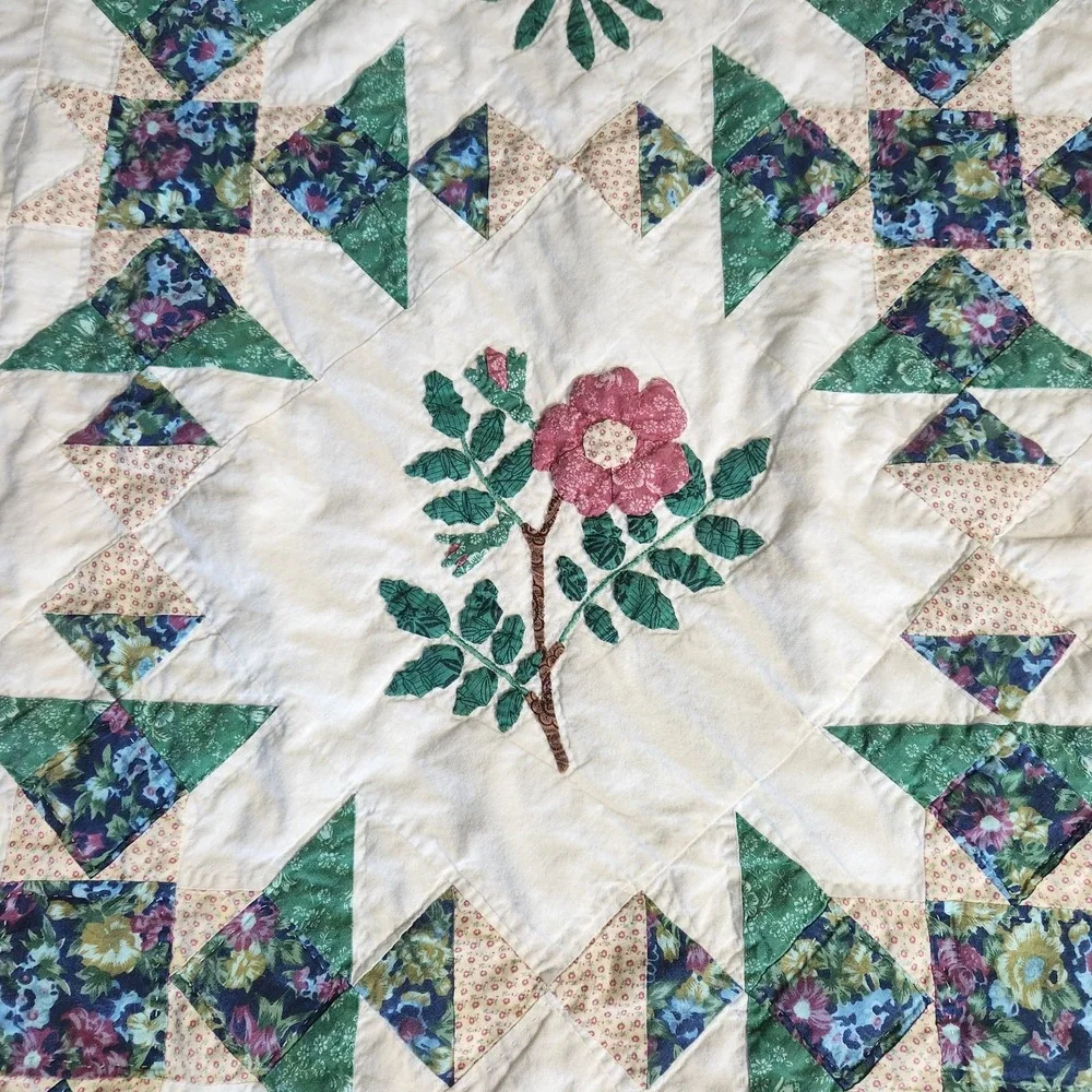 Vtg LL Bean Freeport Maine Botanical Block Applique Patchwork Quilt 62 X 80